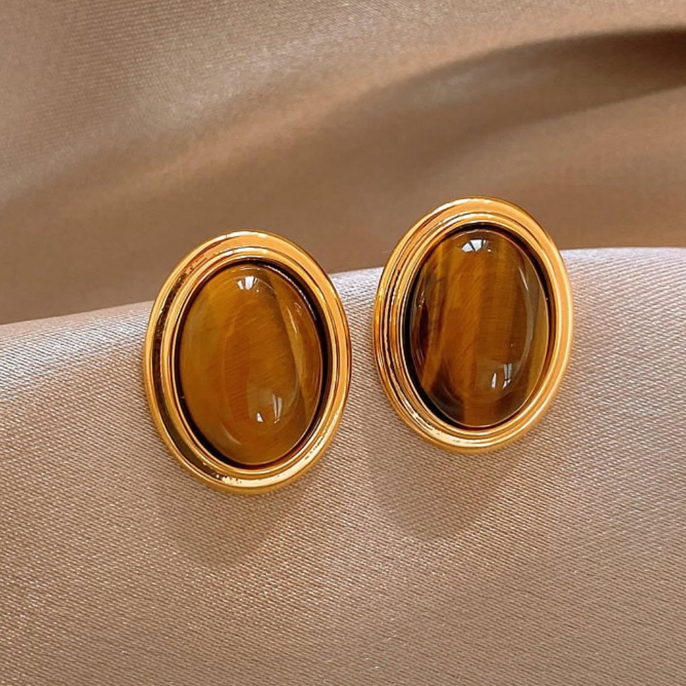 GOLICC Oval Tiger Eye Stone Earrings